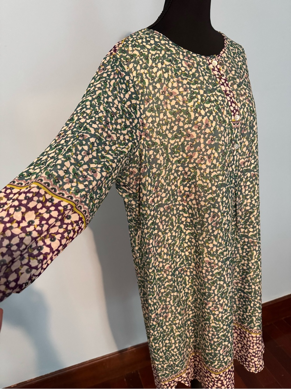 Green Floral Long Sleeve Tunic Dress with Pink Accents